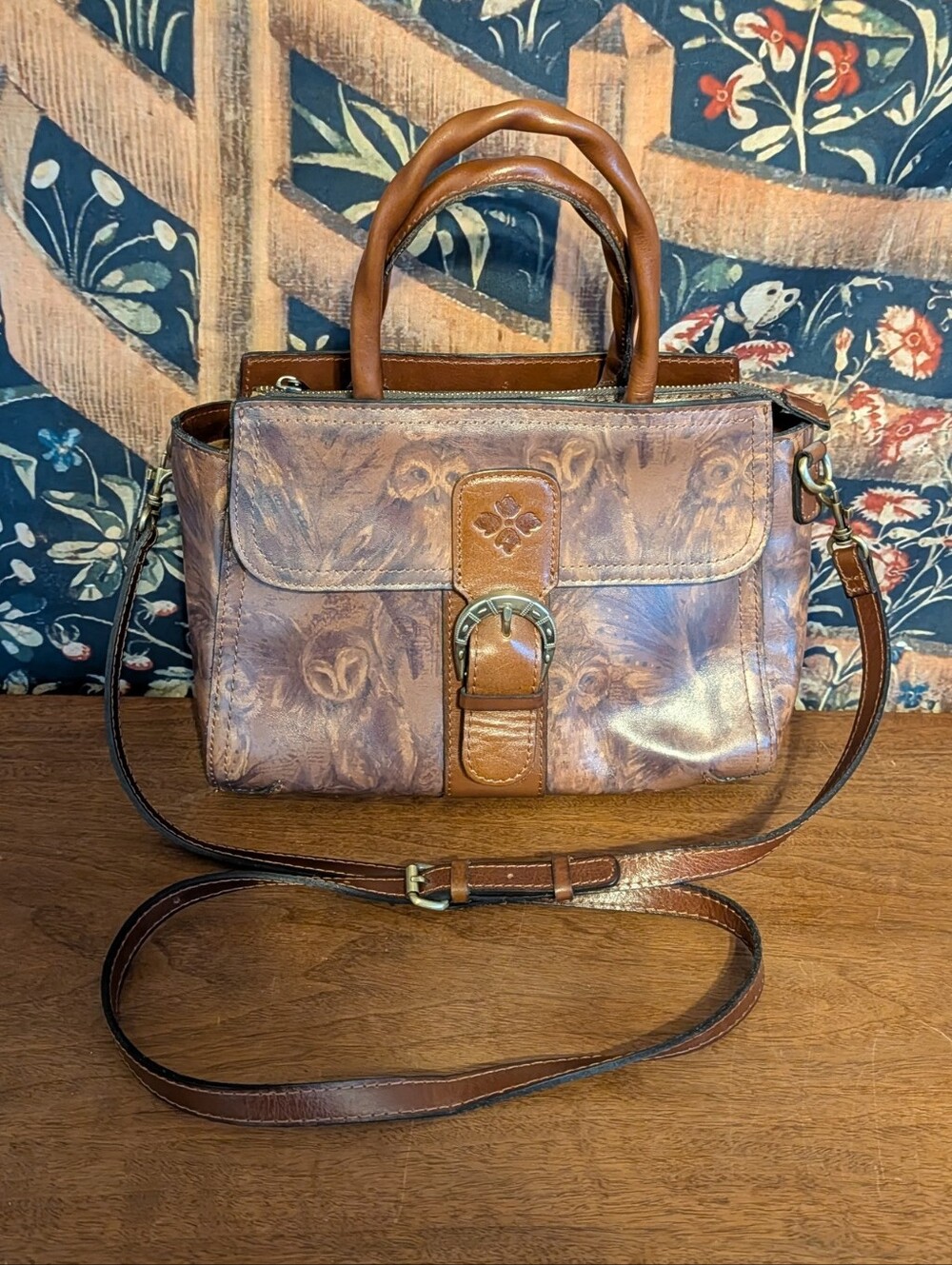 Patricia Nash Lola Top Handle Crossbody Bag Owl Print Brown Leather